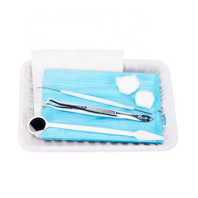 Disposable Dental Instruments Kit with Disposable Tray Mirror Tweezer Probe Explorer Bib Cup